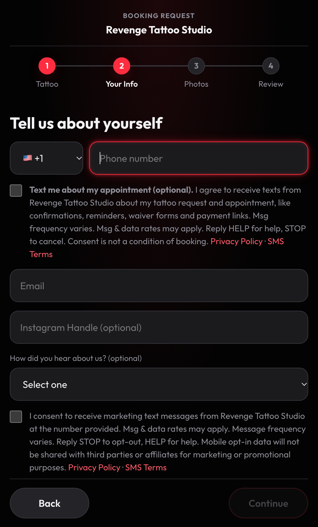 Screenshot of step 2 of the tattoo request form: phone number field, the unchecked, optional appointment-texts checkbox under it with Privacy Policy and SMS Terms links, and the unchecked marketing checkbox